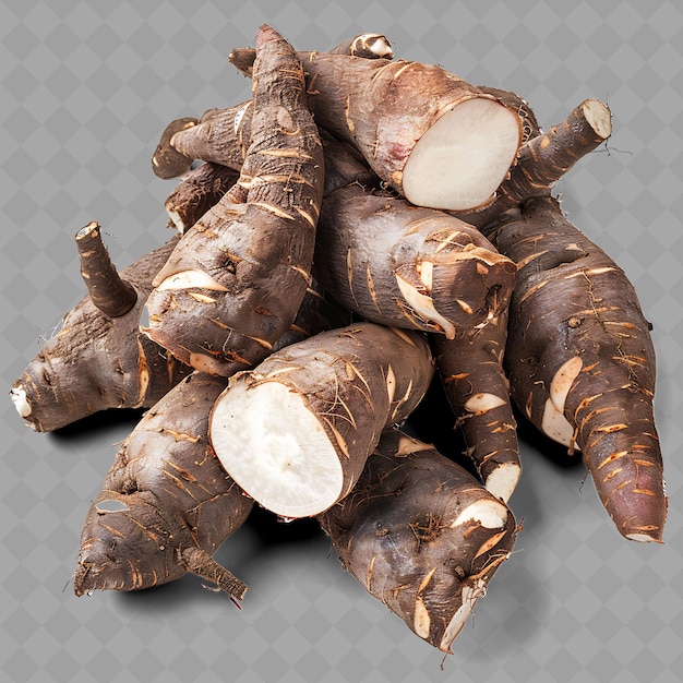 PSD png yam roots tubers with rough reddish brown skin and white fle isolated fresh vegetables