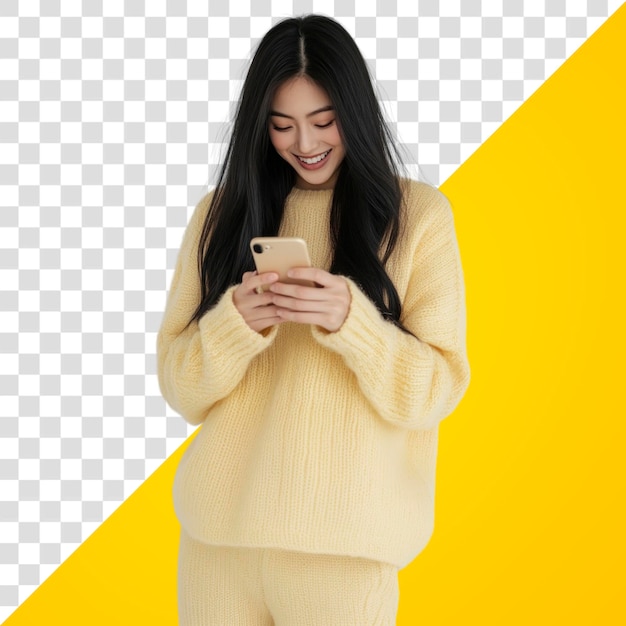 png a young thai woman sweater texting yellow