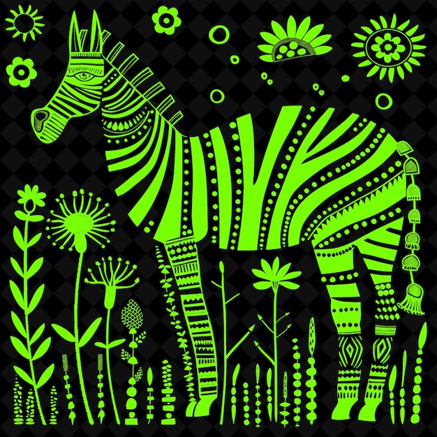 PSD png zebra volkskunst met graslanden en afrikaanse kralenwerk voor deco illustratie outline frame decor