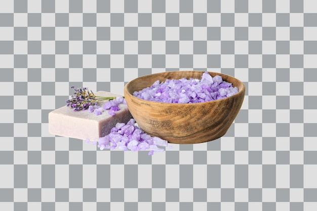 PNG-zeezout in een houten schaal en zeep geïsoleerd op witte achtergrond