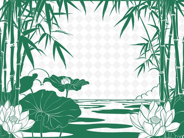 PSD png zen frame art with lotus flower and bamboo decorations borde illustration frame art decorative