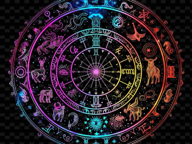 Png zodiac shaped decal with illustrations of zodiac signs and creative neon y2k shape decorativew