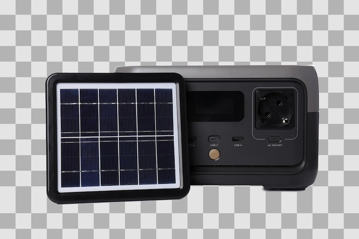 PSD png ポータブル充電ステーションと白い背景に隔離されたソーラーパネル