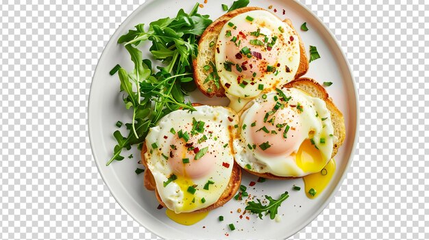 PSD poached eggs with parsley on toast isolated on white background