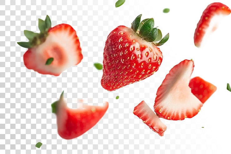 PSD pocięte truskawki pływające w powietrzu na przezroczystym tle