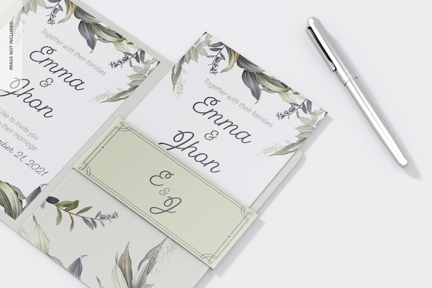 Pocket fold invitation card with pen mockup