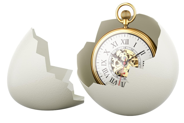 PSD pocket watch binnen gebroken kippen ei 3d rendering geïsoleerd op doorzichtige achtergrond