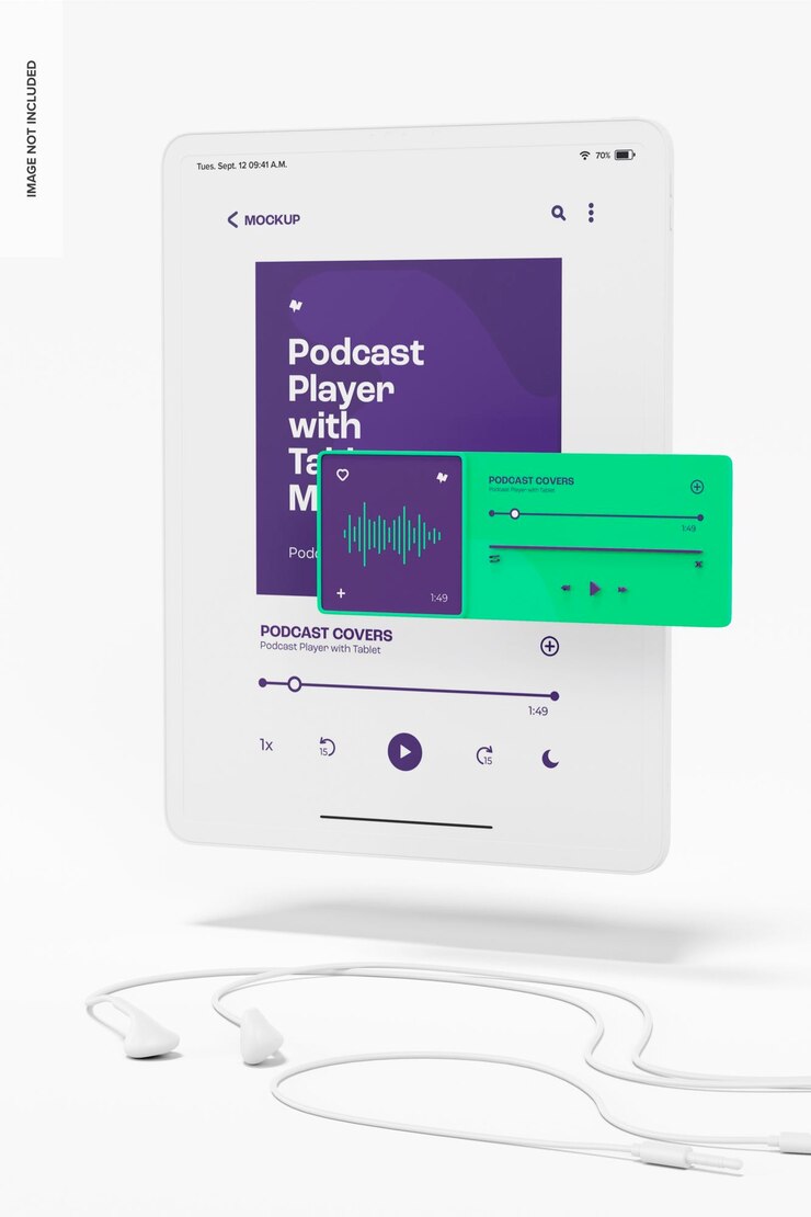 PSD podcast player with tablet mockup, floating