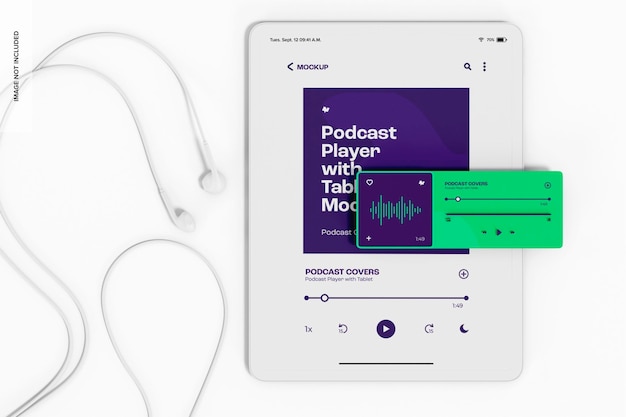 PSD podcast player con tablet mockup, vista dall'alto