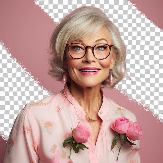 PSD podekscytowana starsza kobieta z blond włosami ze skandynawskiej etniczności ubrana w strój fotografa pozuje w stylu skoncentrowanego spojrzenia z okularami na tle pastel rose