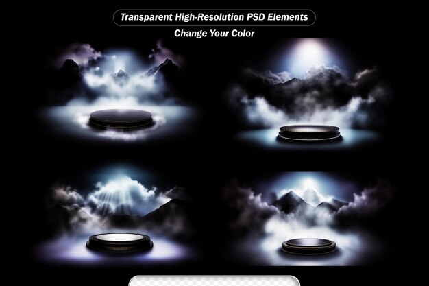 PSD podium on dark background with smoke platform illuminated by spotlights