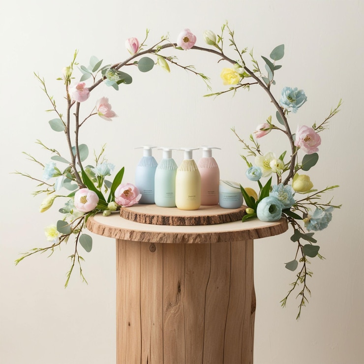 PSD a podium to display spring products wooden slice platform and spring flowers branch