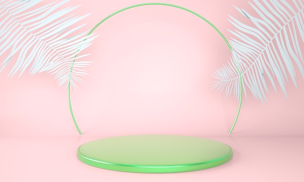 Podium ekspozycyjne ozdobione liśćmi na pastelowym tle, ilustracja 3d