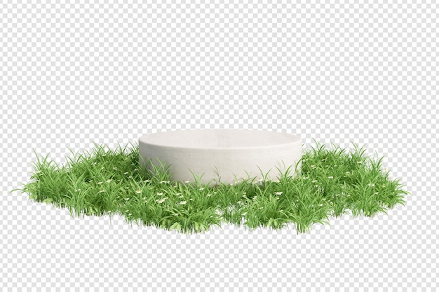 PSD podium on grass with plant isolated