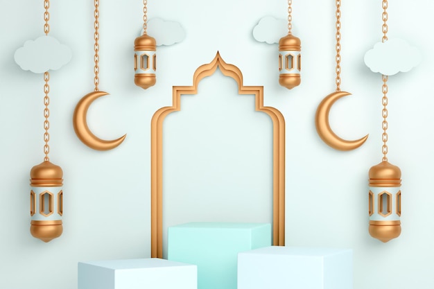 PSD podium islamic display decoration with arabic crescent and lantern