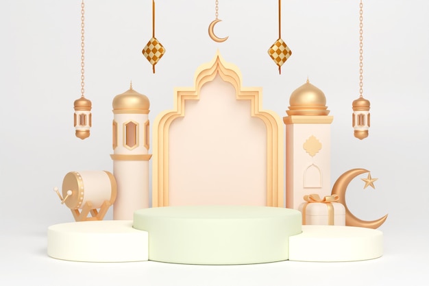 PSD podium islamic display decoration with bedug drum crescent lantern and ketupat