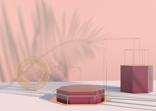 Podium met schaduwen van palmbladeren voor de presentatie van cosmetische producten. Lege showcase sokkel achtergrond mock up. 3D render.