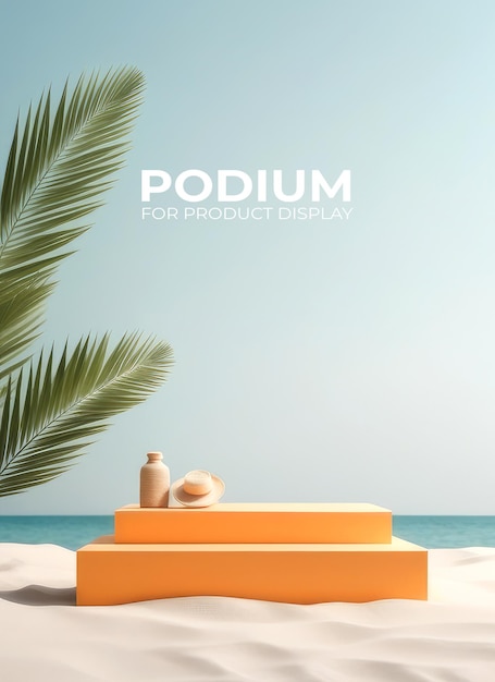 Podium mockup for product presentation decorated with tropical leaves