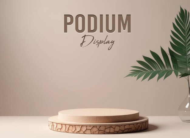 PSD podium mockup for product presentation decorated with tropical leaves