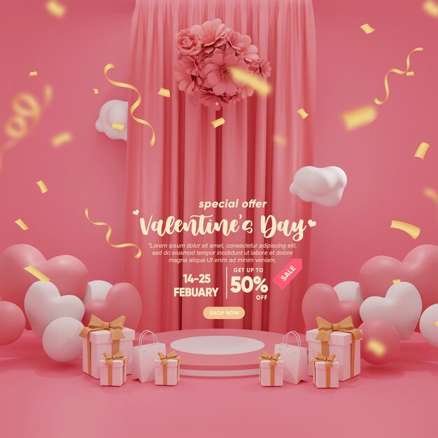 podium for product in valentine's day with hearts white dan decoration flowers banner invitation 3D