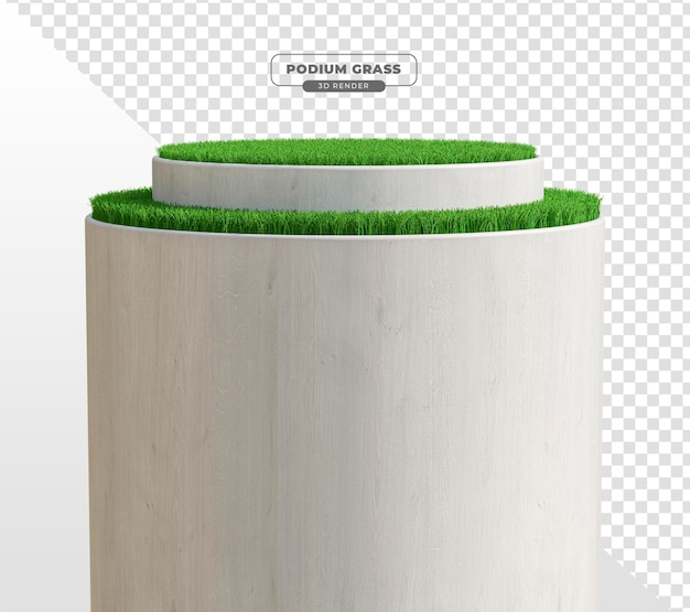 Podium rounded with white wood and grass in 3d render realistic