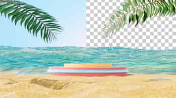 PSD podium sulla spiaggia sabbiosa con foglie di palma e mare piattaforma per la presentazione del prodotto su una spiaggia tropicale
