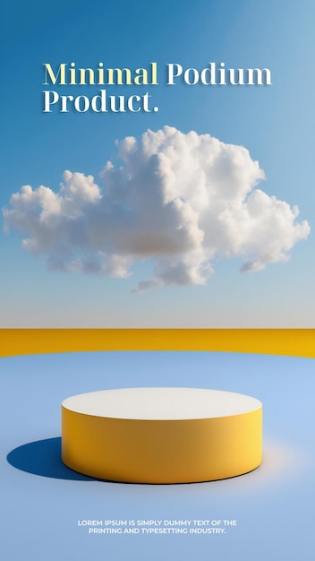 PSD mockup di esposizione sul palco del podio per l'esposizione della scena di presentazione del prodotto con cielo blu e nuvola bianca