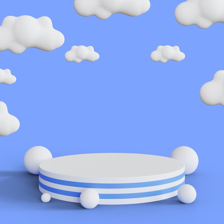 PSD podium voor uw productpercentage met witte wolken op blauwe achtergrond