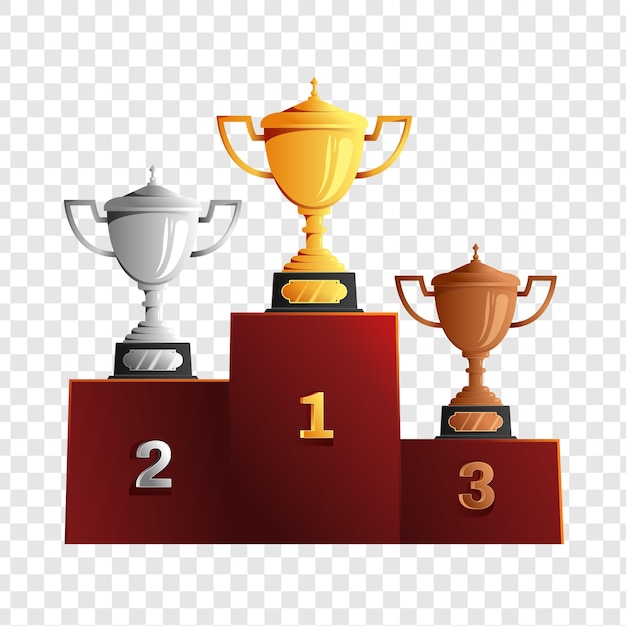 podium with gold silver and bronze trophies isolated on transparent background