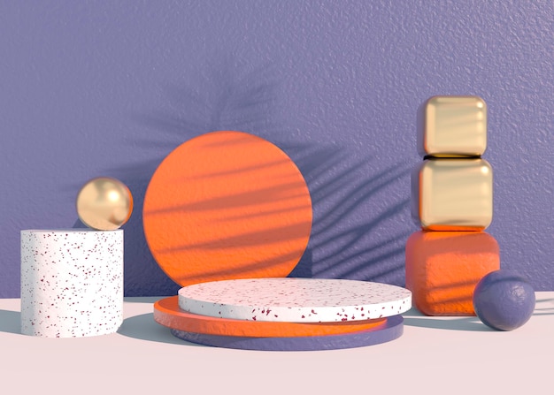 Podium with palm leaves shadows for cosmetic product presentation. Empty showcase pedestal backdrop mock up. 3d render.