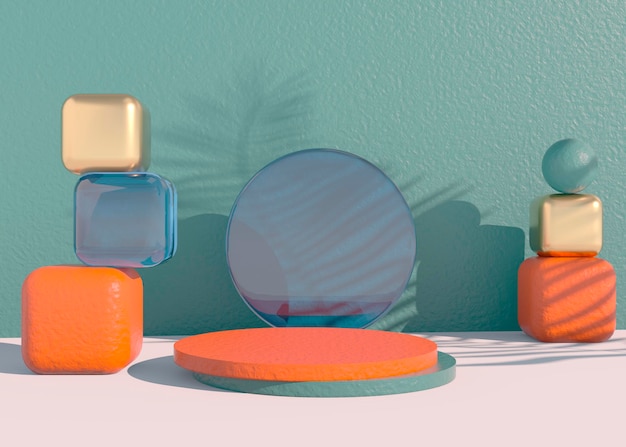 Podium with palm leaves shadows for cosmetic product presentation.  