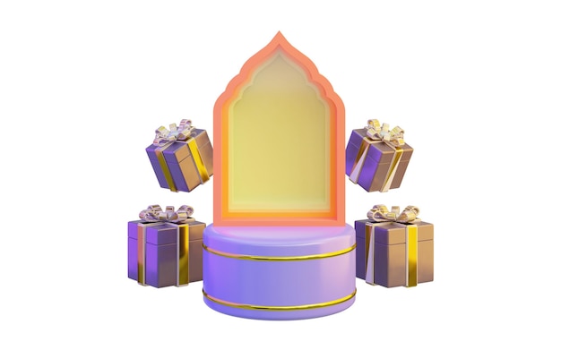 Eid 축제를 위한 흰색 배경 3d 렌더링 개념에 라마단 문과 Giftbox 아이콘이 있는 연단