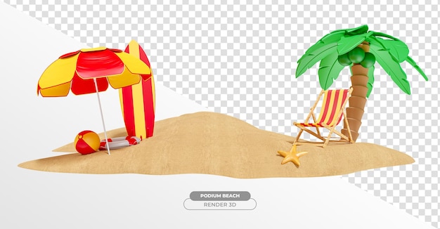 Podium with umbrella and beach chair with sand in 3d render with transparent background