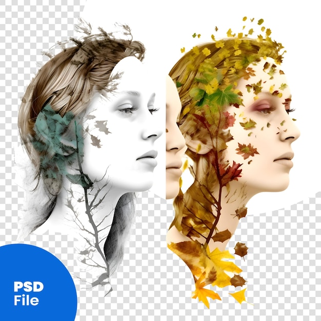 PSD podwójny portret pięknej kobiety z jesiennymi liśćmi we włosach. szablon psd