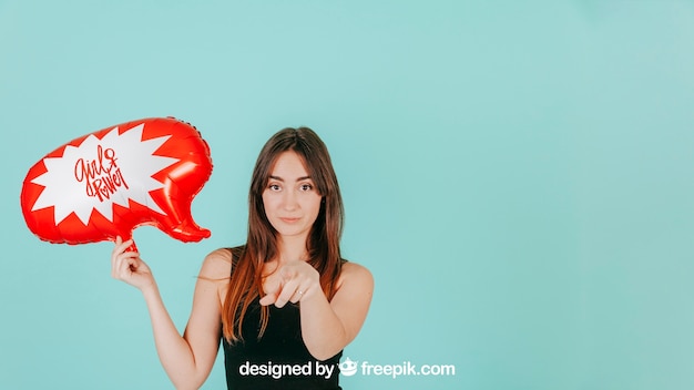 PSD pointing woman with speech balloon mockup