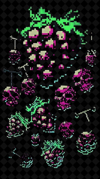 PSD poisonous berry 8 bit pixel with skulls and crossbones with y2k shape neon color art collections