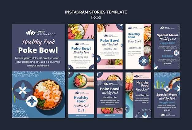 PSD poke bowl pasto insta stories modello di progettazione