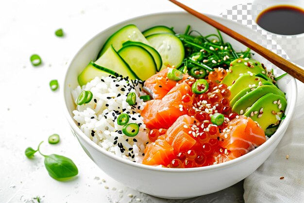 PSD poke bowl with salmon avocado rice chukka salad sweet onion isolated transparent background