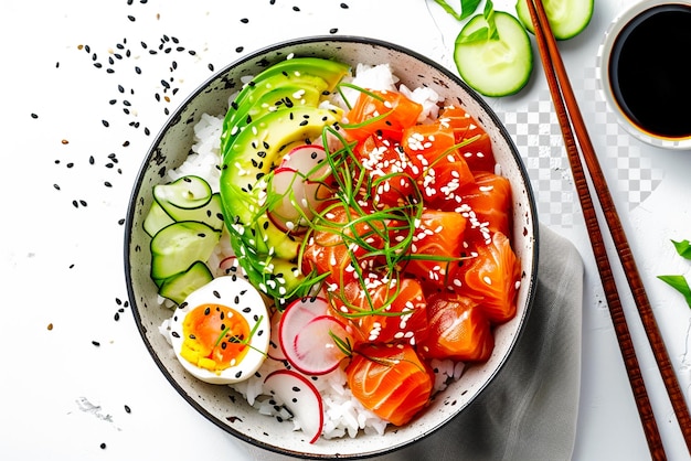 PSD poke bowl with salmon avocado rice chukka salad sweet onion isolated transparent background