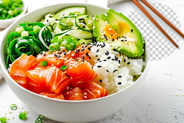 PSD poke bowl with salmon avocado rice chukka salad sweet onion isolated transparent background