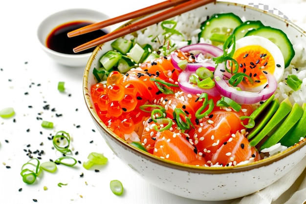 Poke bowl with salmon avocado rice chukka salad sweet onion isolated transparent background