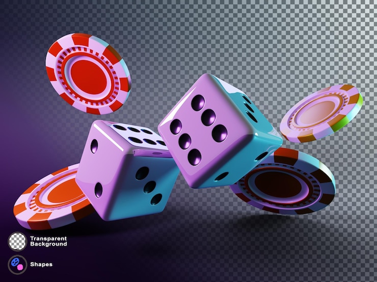 PSD poker chips and dice roll in neon light on black background falling casino game icons 3d render red and yellow gambling coin money tokens and white cubes in motion vegas concept
