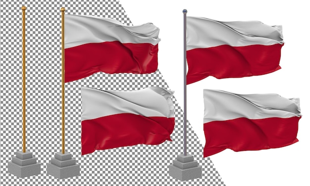 PSD bandiera della polonia che sventola uno stile diverso con un palo di supporto isolato rendering 3d