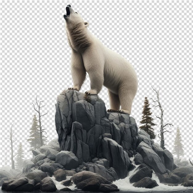 A polar bear standing on a rock with trees in the background