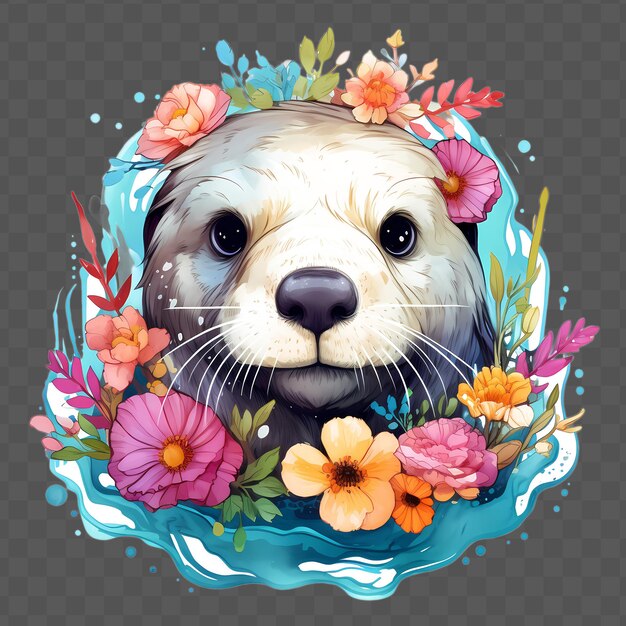 PSD a polar bear with flowers and a round face is surrounded by water and a circle of flowers