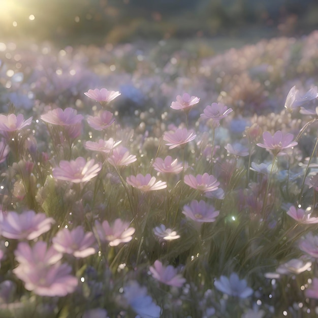 Pole Pastelowych Dzikich Kwiatów Z Porannym Słońcem