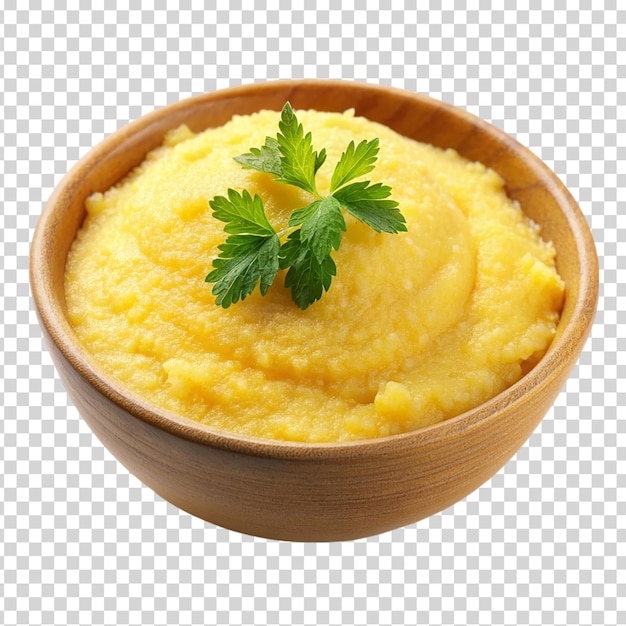 PSD polenta con burro e formaggio parmigiano in una ciotola su uno sfondo trasparente