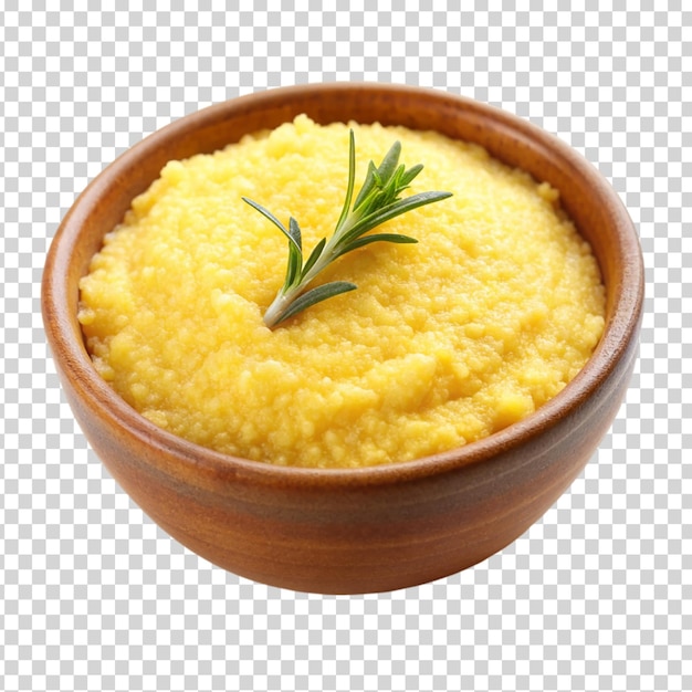 PSD polenta con burro e formaggio parmigiano in una ciotola su uno sfondo trasparente