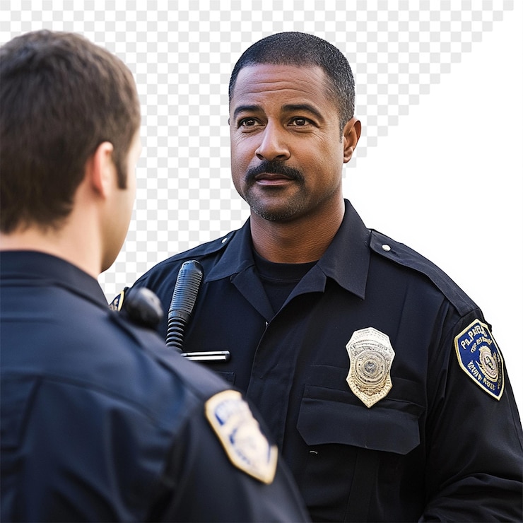 PSD a police officer talking to a man in a uniform