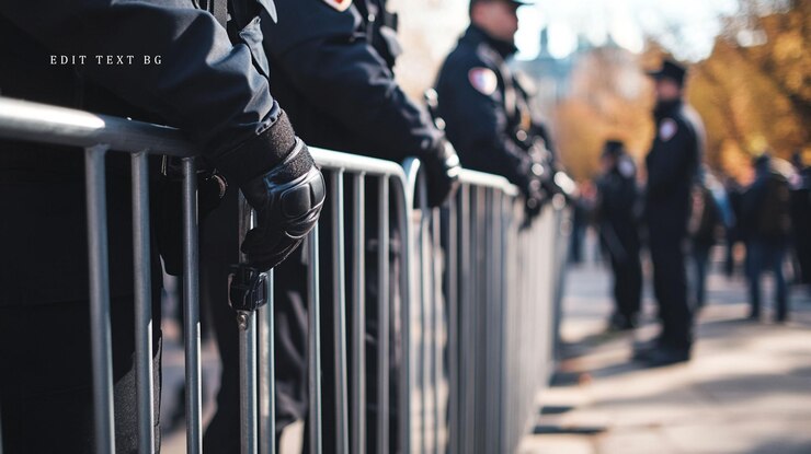 PSD police officers in black uniforms stand behind a metal barricade at a public event